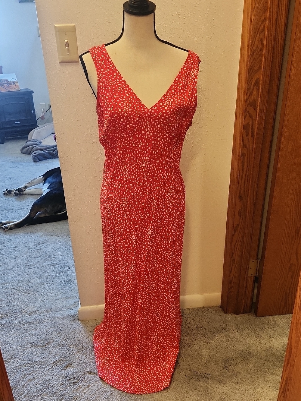 Levi's Red V-Neck Sleeveless Maxi Dress with White Dot Print